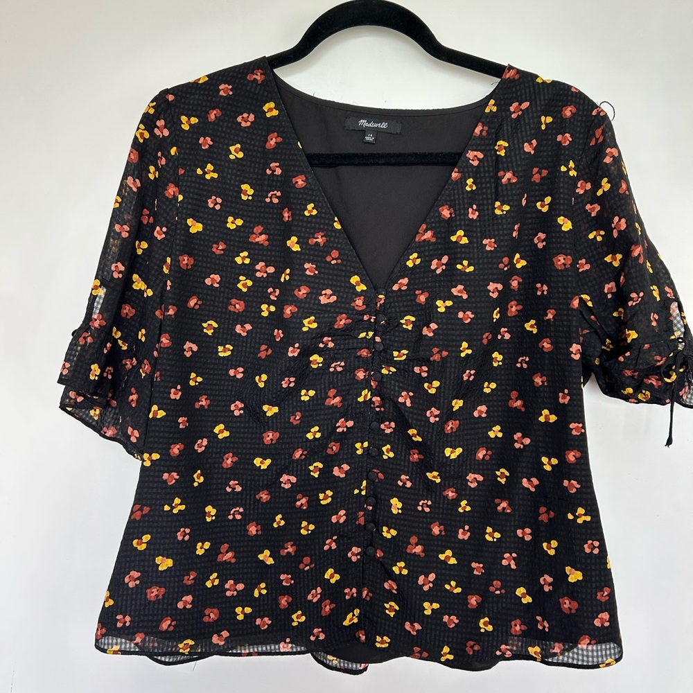 Madewell Black Ruched Ruffled Blouse